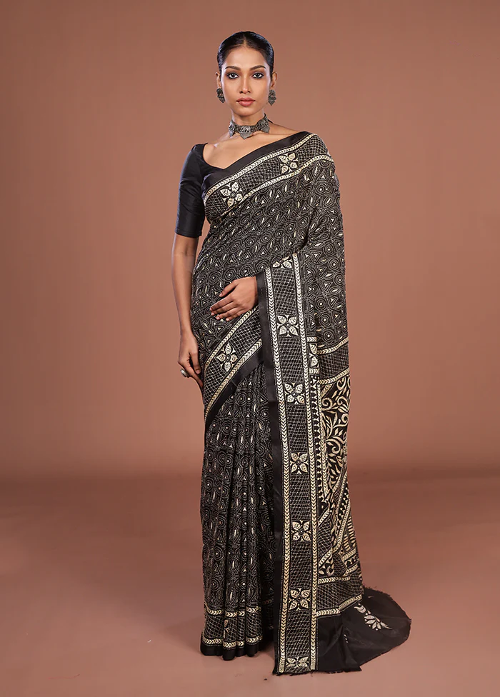 Black Kantha Stitch Silk Saree With Blouse Piece - Image 2