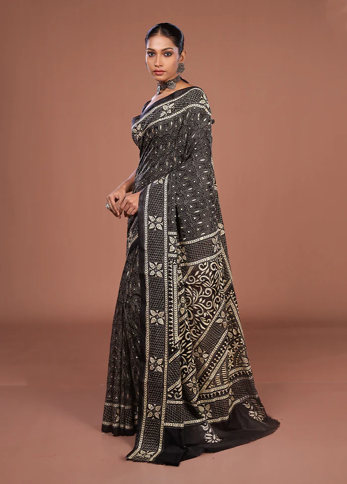 Black Kantha Stitch Silk Saree With Blouse Piece - Image 4