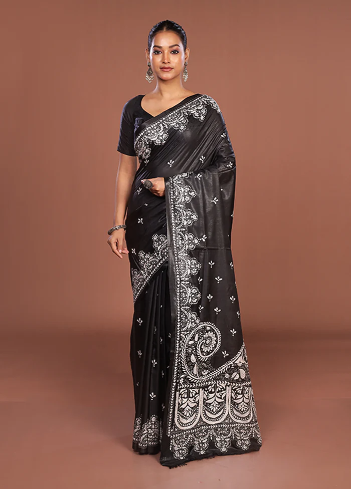 Black Kantha Stitch Silk Saree With Blouse Piece - Image 2