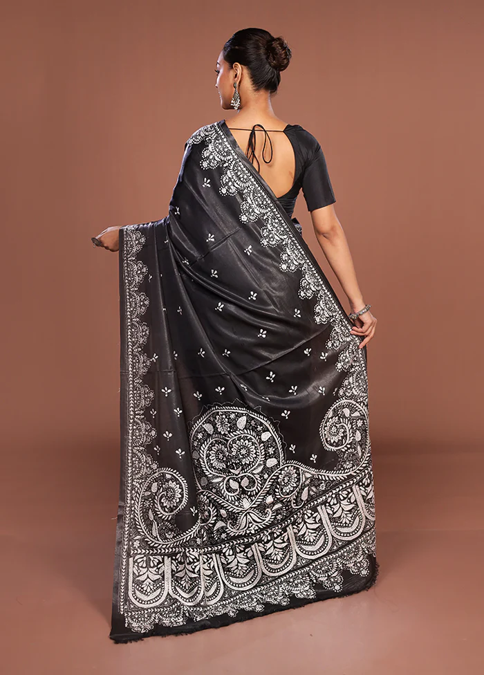 Black Kantha Stitch Silk Saree With Blouse Piece - Image 3