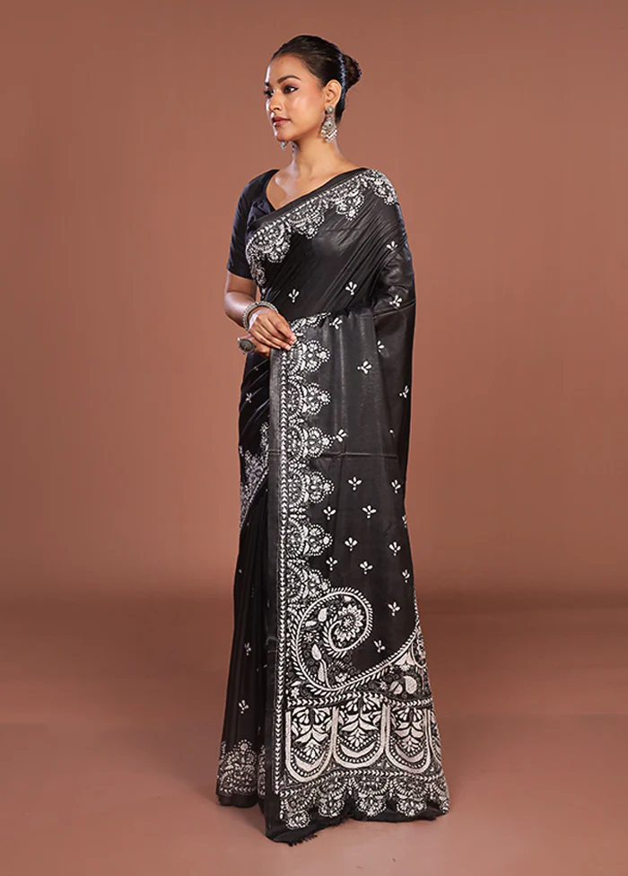 Black Kantha Stitch Silk Saree With Blouse Piece - Image 4