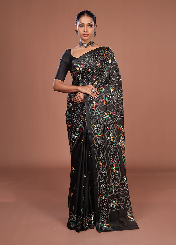 Black Kantha Stitch Silk Saree With Blouse Piece - Image 2