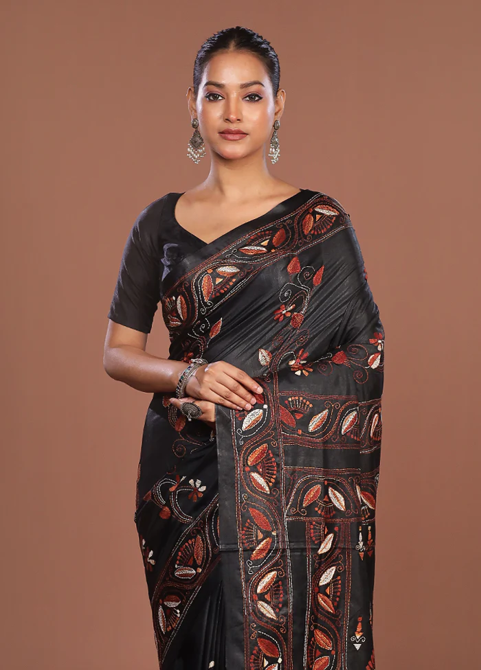 Black Kantha Stitch Silk Saree With Blouse Piece