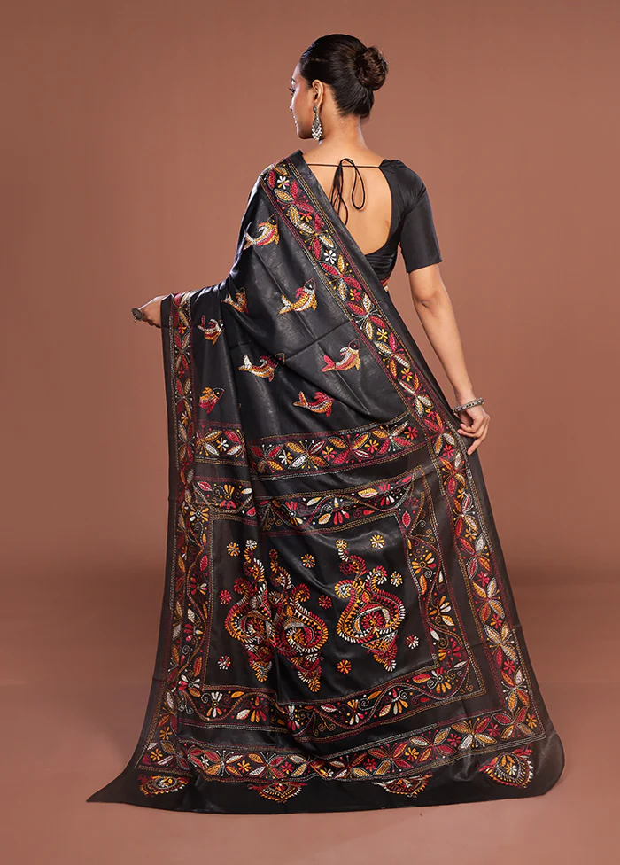 Black Kantha Stitch Silk Saree With Blouse Piece - Image 3