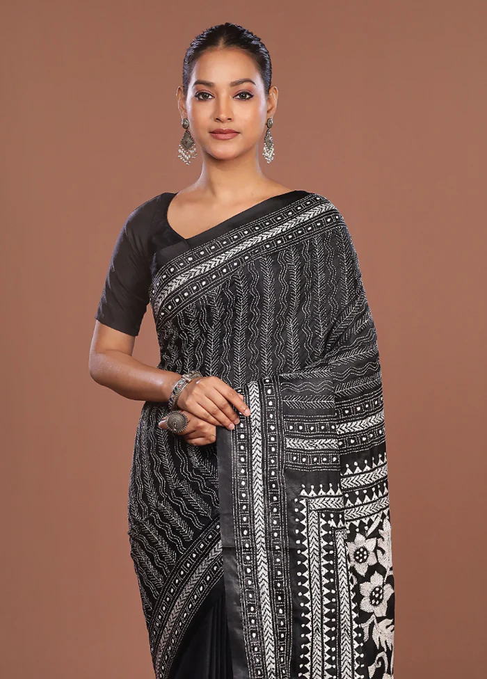 Black Kantha Stitch Silk Saree With Blouse Piece