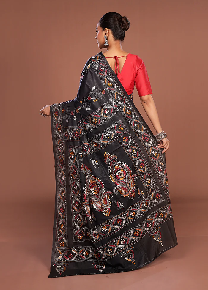 Black Kantha Stitch Silk Saree With Blouse Piece - Image 3