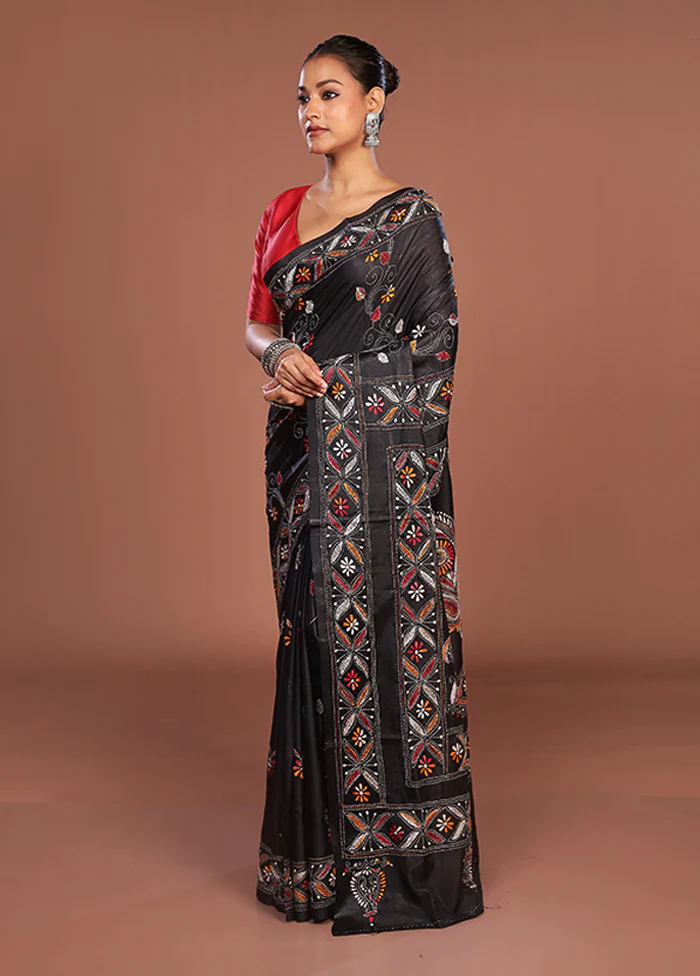 Black Kantha Stitch Silk Saree With Blouse Piece - Image 4