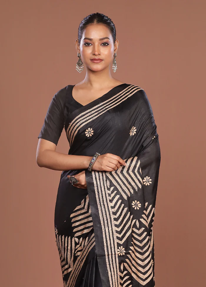 Black Kantha Stitch Silk Saree With Blouse Piece