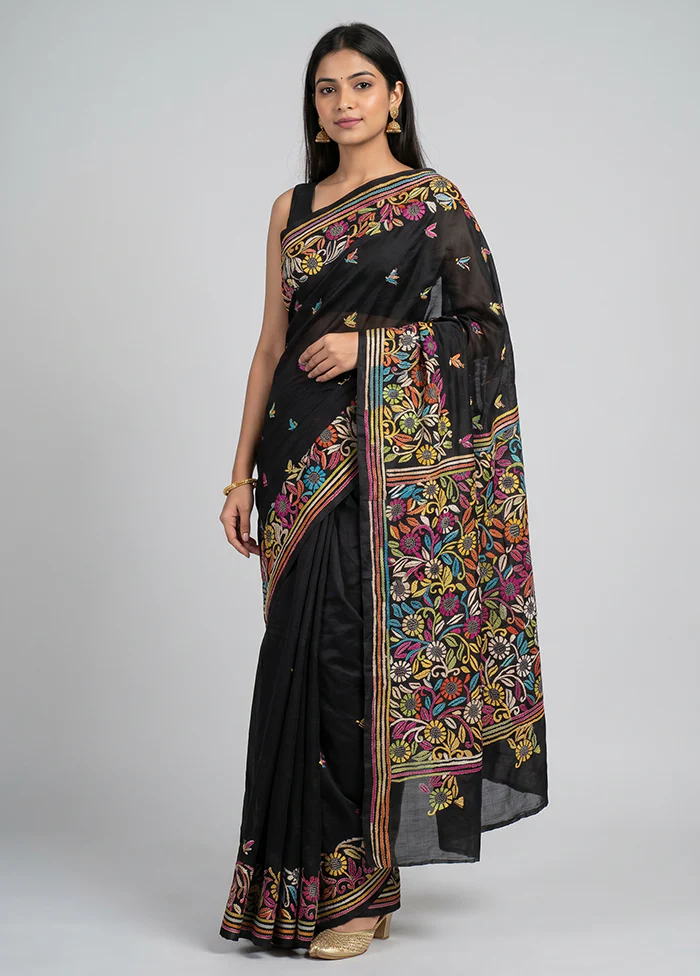 Black Kantha Stitch Silk Saree With Blouse Piece