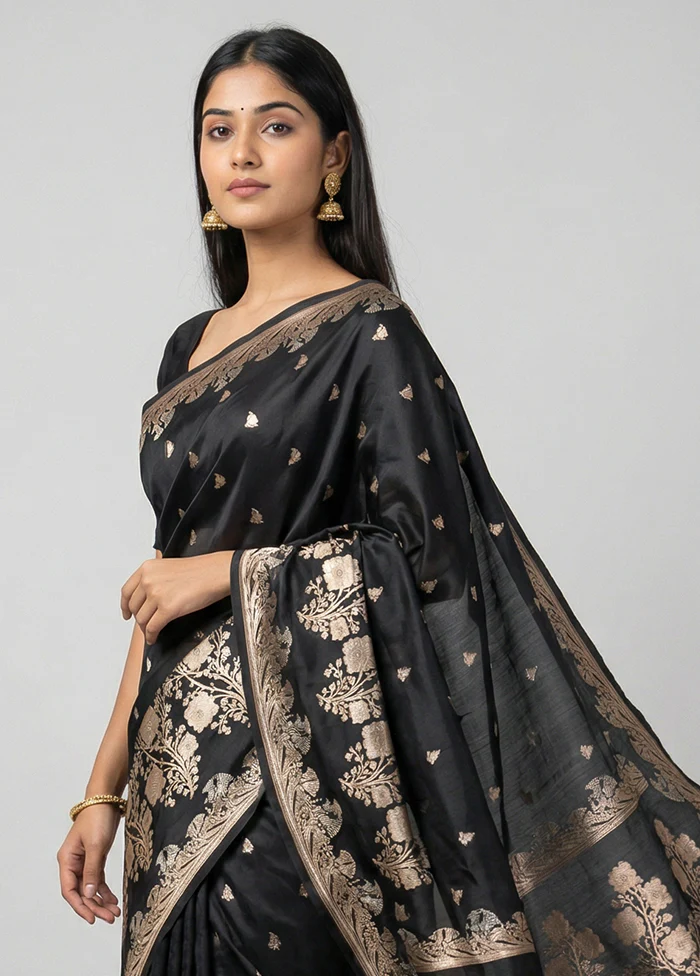 Black Katan Silk Saree With Blouse Piece - Image 2