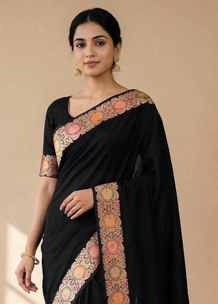 Black Katan Silk Saree With Blouse Piece - Image 2