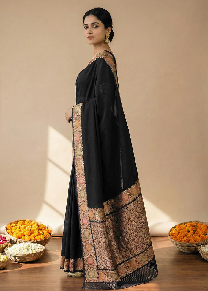 Black Katan Silk Saree With Blouse Piece - Image 3