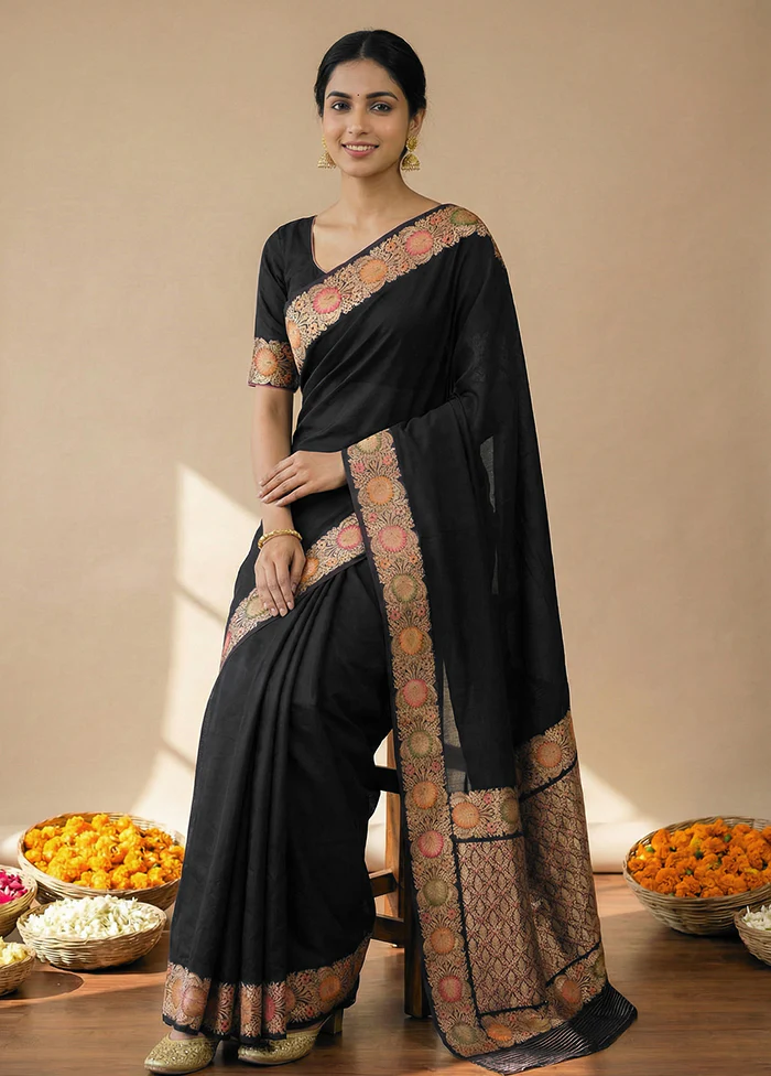 Black Katan Silk Saree With Blouse Piece - Image 4