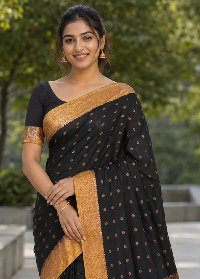 Black Katan Silk Saree With Blouse Piece - Image 2