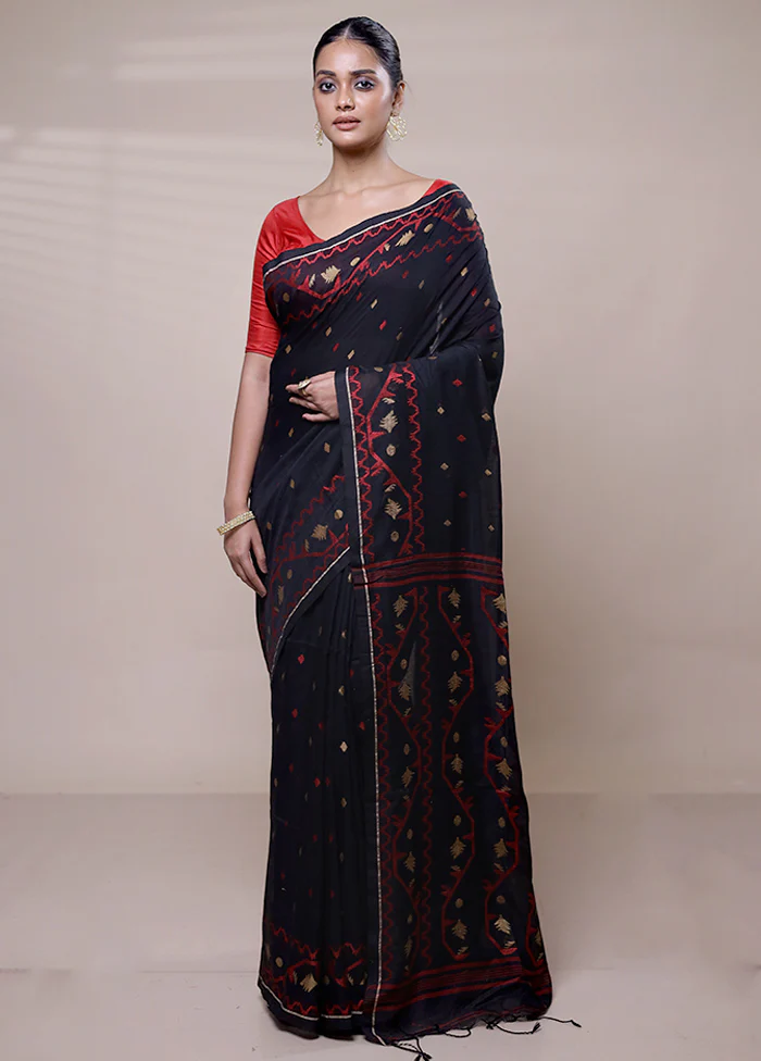 Black Cotton Saree With Blouse Piece - Image 2