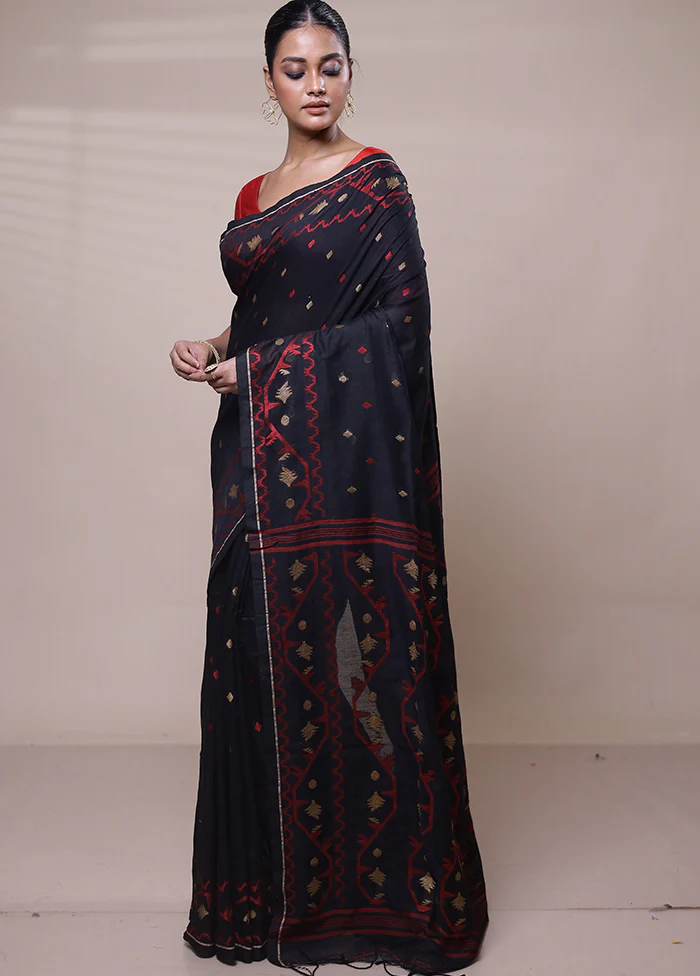 Black Cotton Saree With Blouse Piece - Image 4