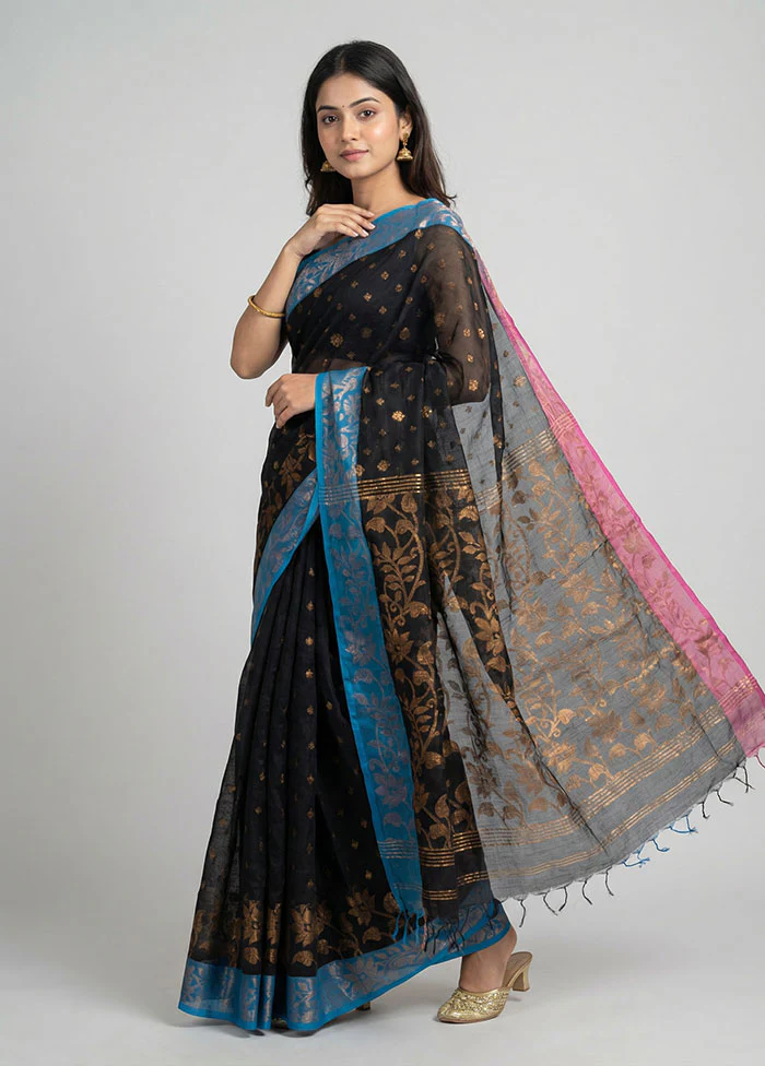 Black Khadi Cotton Saree With Blouse Piece