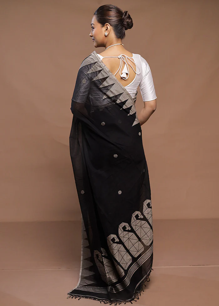 Black Cotton Saree With Blouse Piece - Image 3