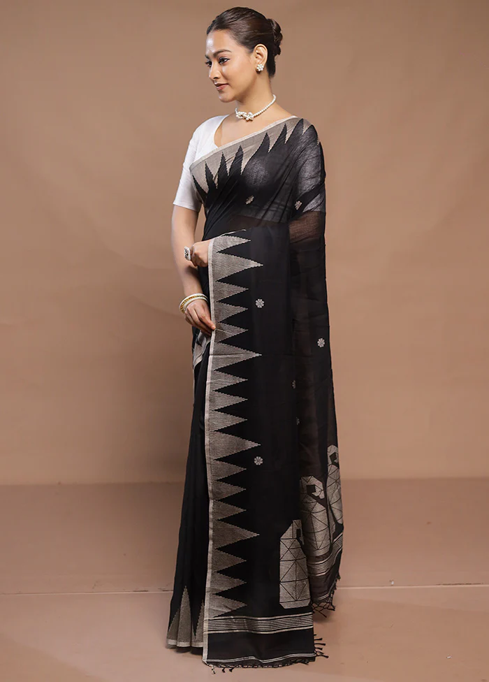 Black Cotton Saree With Blouse Piece - Image 4