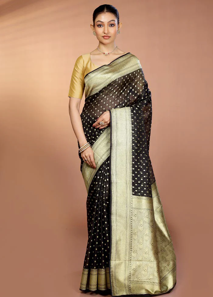 Black Kora Silk Saree With Blouse Piece - Image 2