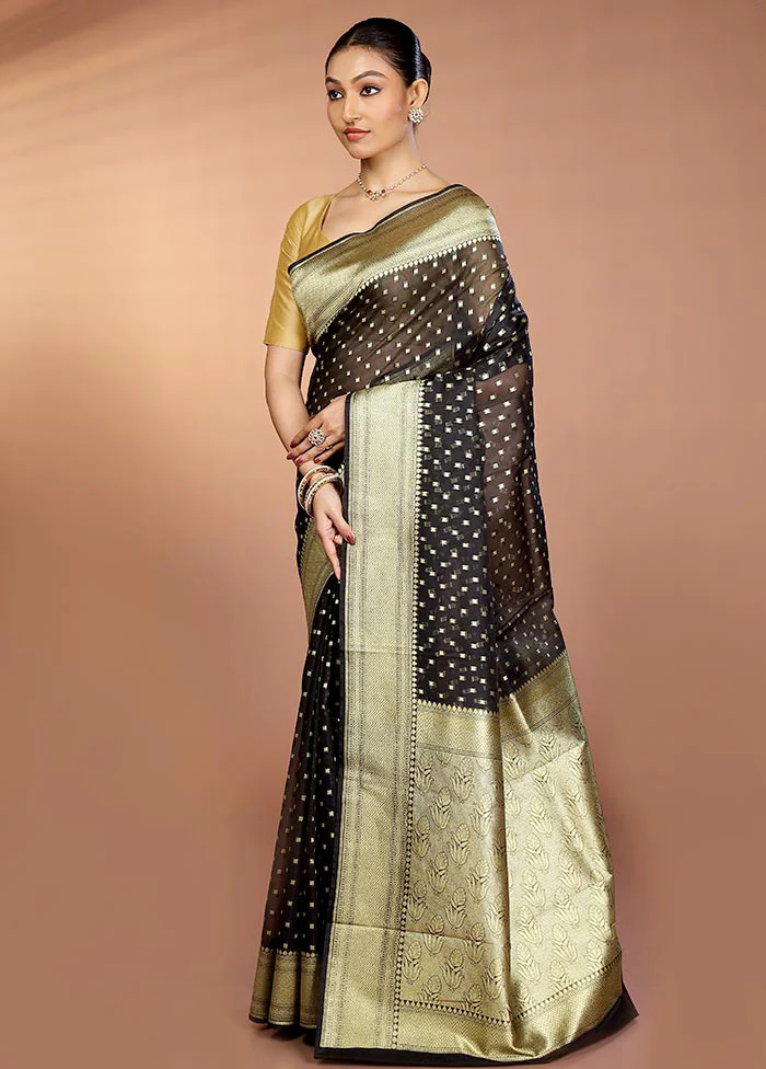 Black Kora Silk Saree With Blouse Piece - Image 4
