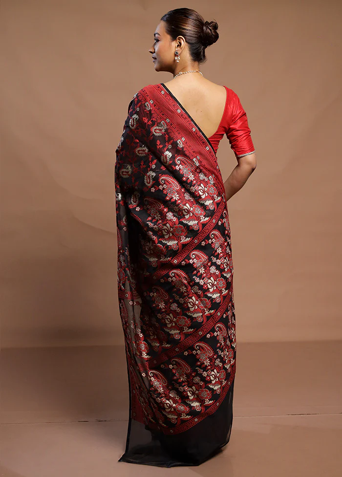 Black Kora Silk Saree With Blouse Piece - Image 3