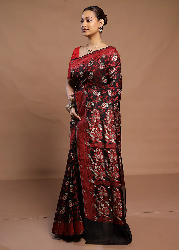 Black Kora Silk Saree With Blouse Piece - Image 4