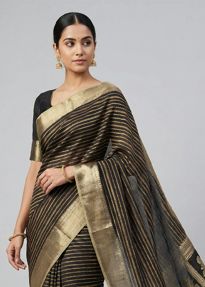 Black Kora Silk Saree With Blouse Piece - Image 2