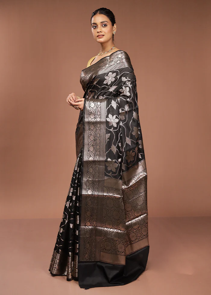 Black Kora Silk Saree With Blouse Piece - Image 4