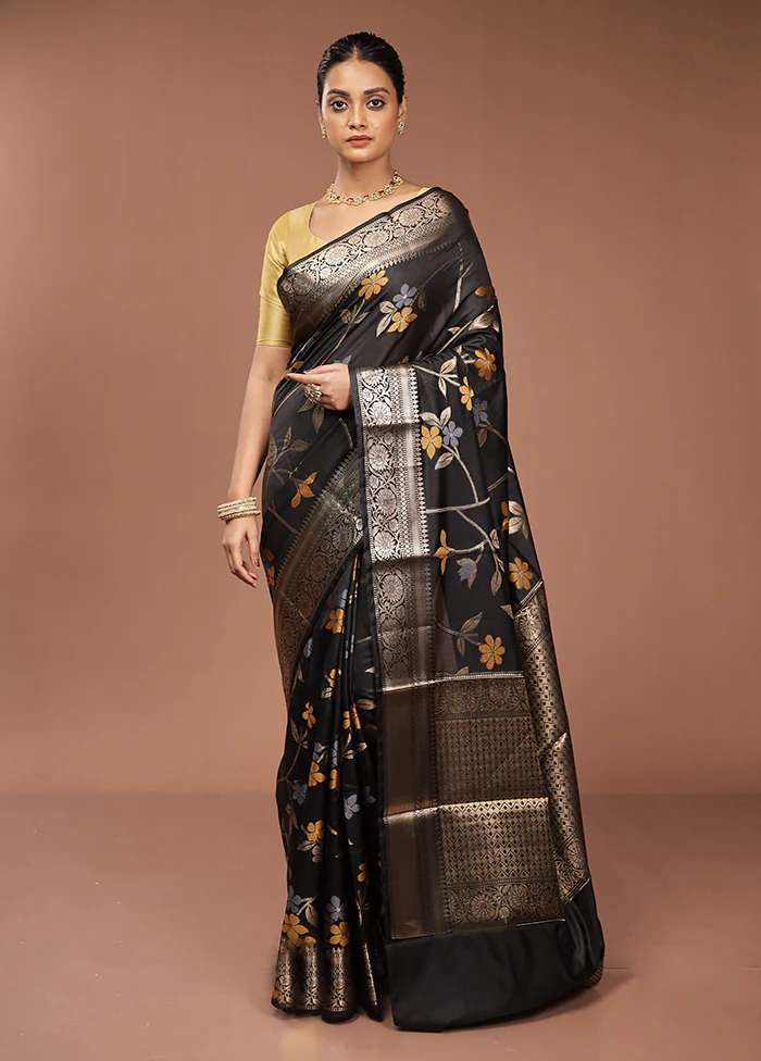 Black Kora Silk Saree With Blouse Piece - Image 2