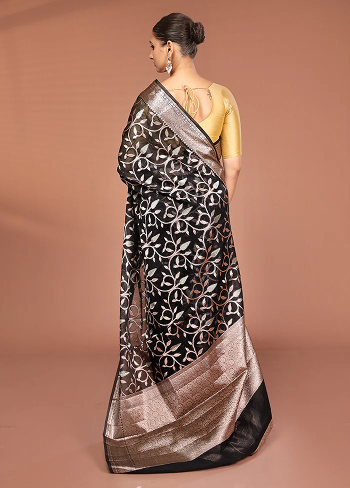 Black Kora Silk Saree With Blouse Piece - Image 3
