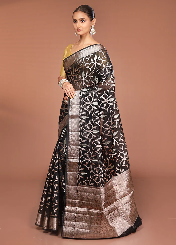 Black Kora Silk Saree With Blouse Piece - Image 4