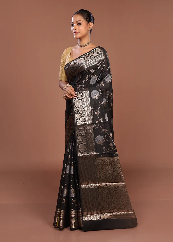 Black Kora Silk Saree With Blouse Piece - Image 4