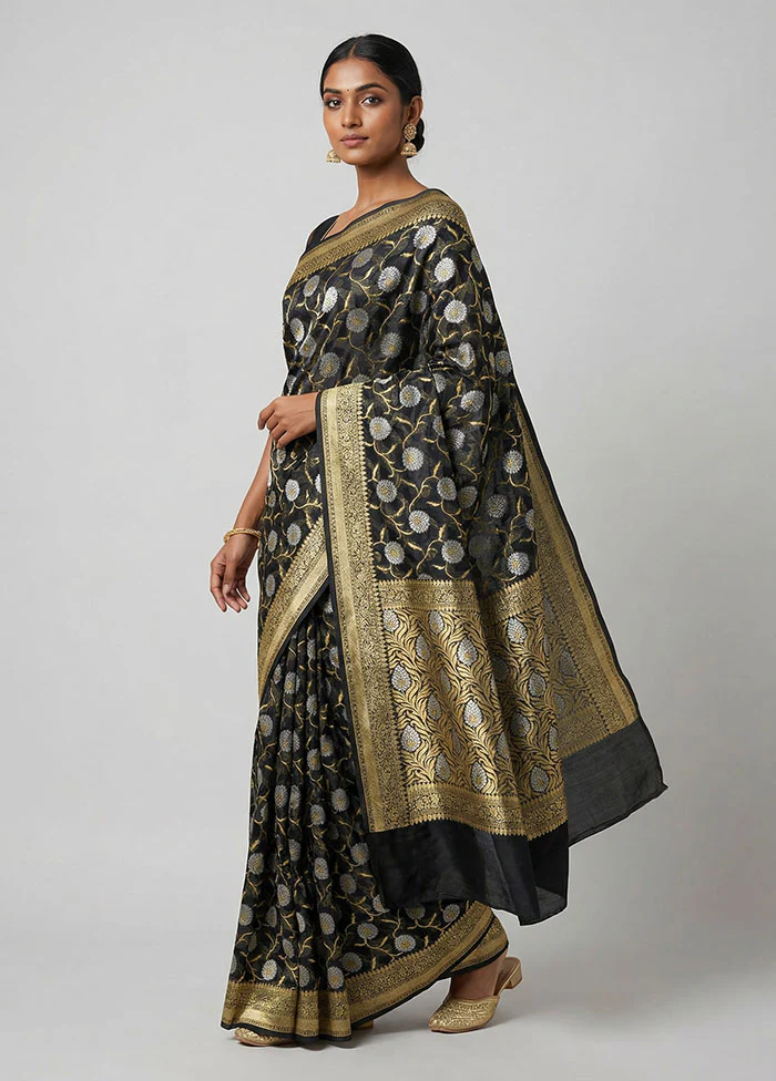 Black Kora Silk Saree With Blouse Piece