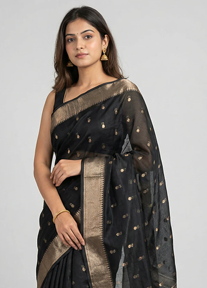 Black Kora Silk Saree With Blouse Piece - Image 2