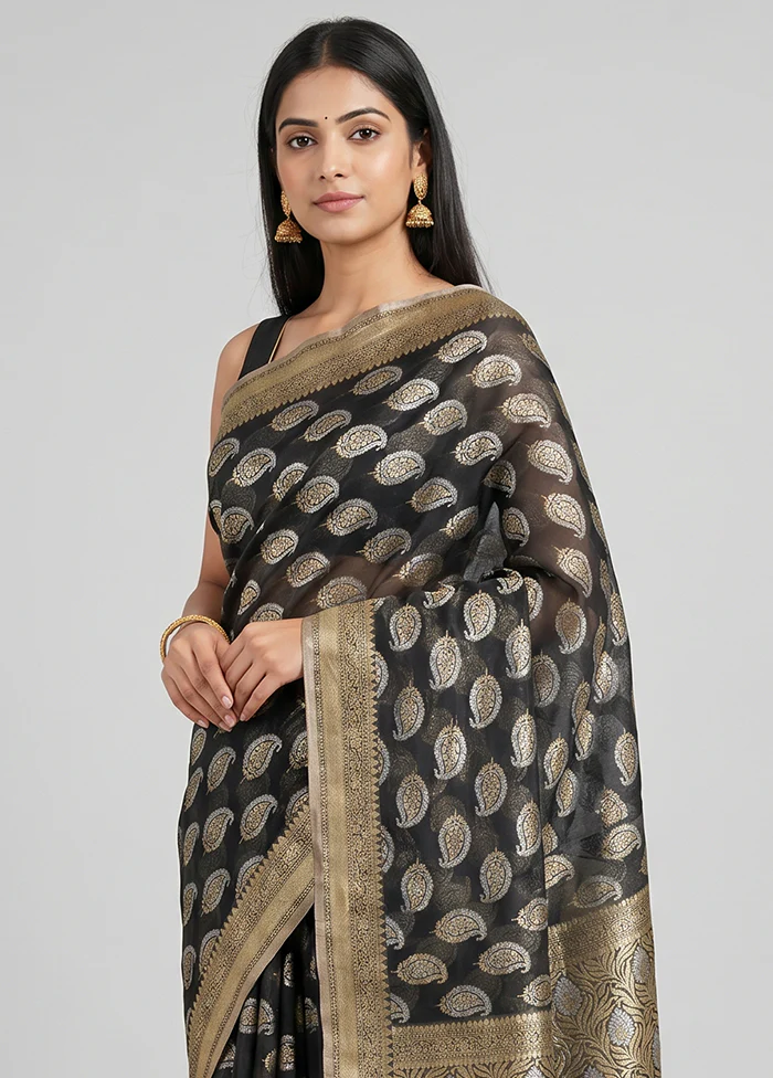 Black Kora Silk Saree With Blouse Piece - Image 2