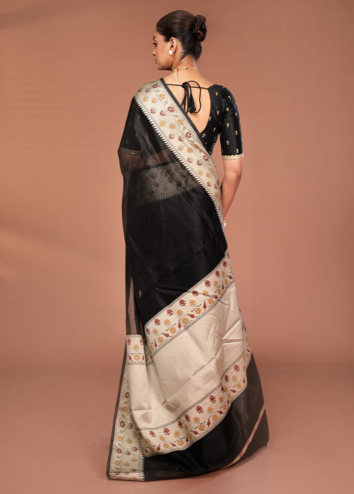 Black Kora Silk Saree With Blouse Piece - Image 3
