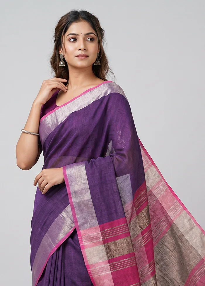 Black Linen Silk Saree With Blouse Piece - Image 2