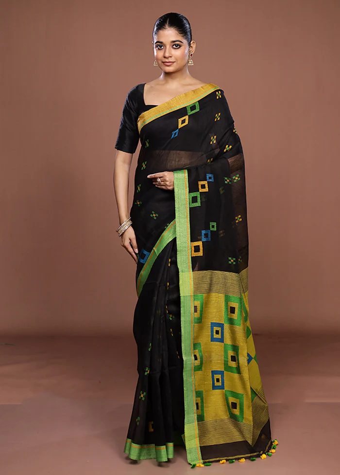 Black Linen Silk Saree With Blouse Piece - Image 2