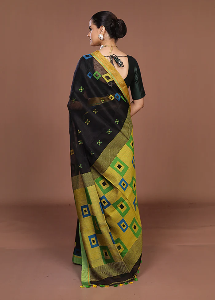 Black Linen Silk Saree With Blouse Piece - Image 3