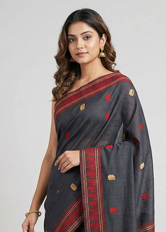 Black Matka Silk Saree With Blouse Piece - Image 2