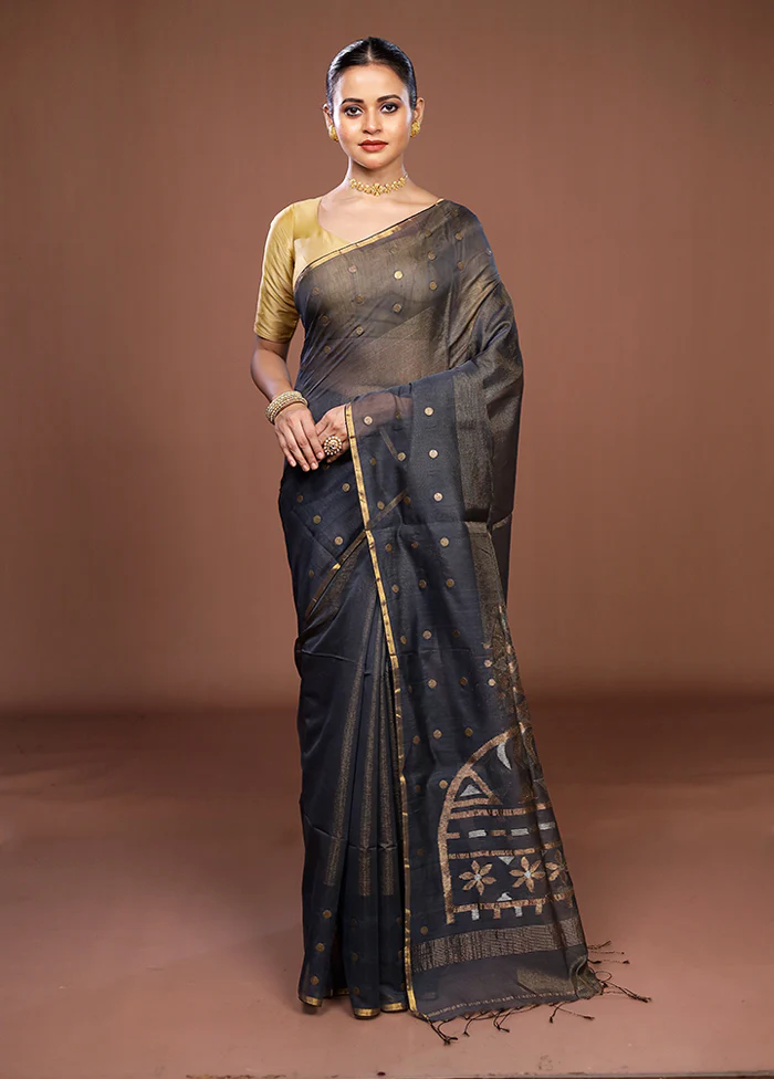 Black Matka Silk Saree With Blouse Piece - Image 2