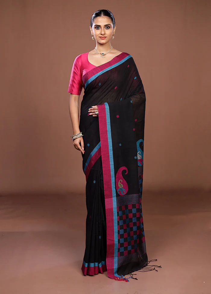 Black Matka Silk Saree With Blouse Piece - Image 2