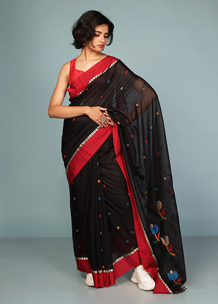 Black Matka Silk Saree Without Blouse Piece - Image 2