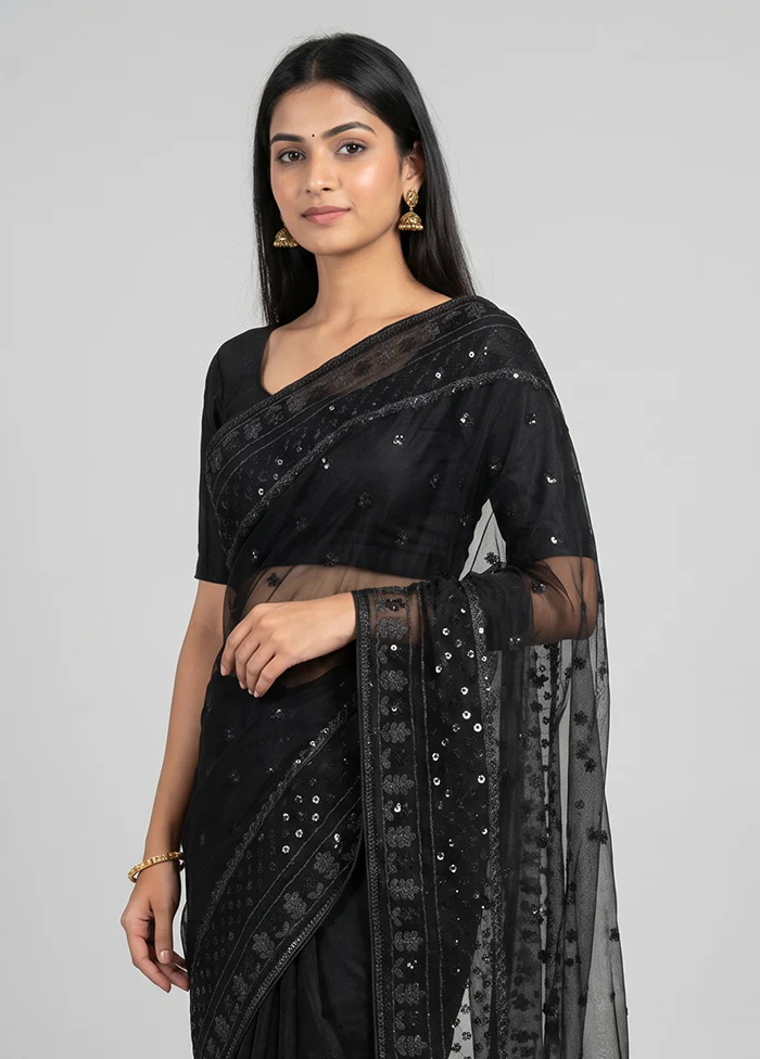 Black Net Saree With Blouse Piece - Image 2