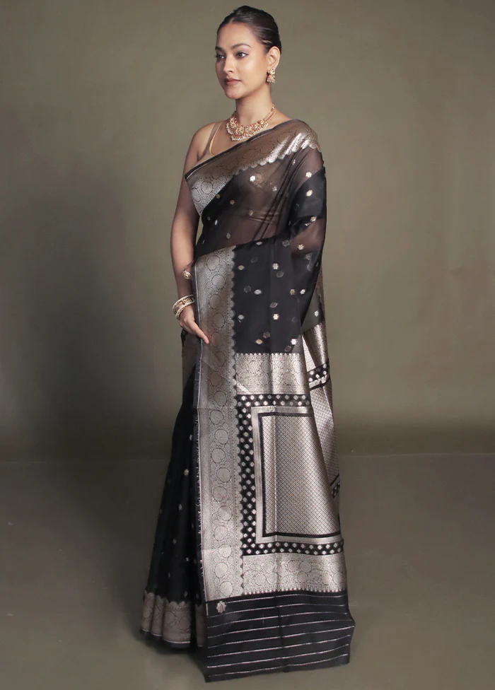 Black Organza Saree With Blouse Piece - Image 4