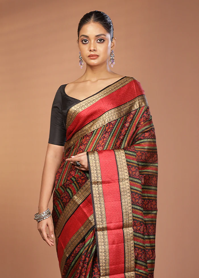 Black Printed Pure Silk Saree Without Blouse Piece
