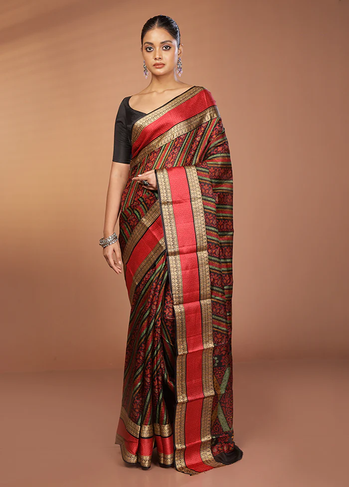 Black Printed Pure Silk Saree Without Blouse Piece - Image 2