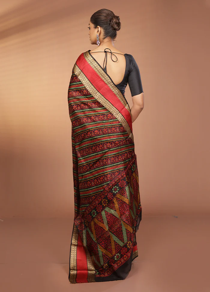 Black Printed Pure Silk Saree Without Blouse Piece - Image 3