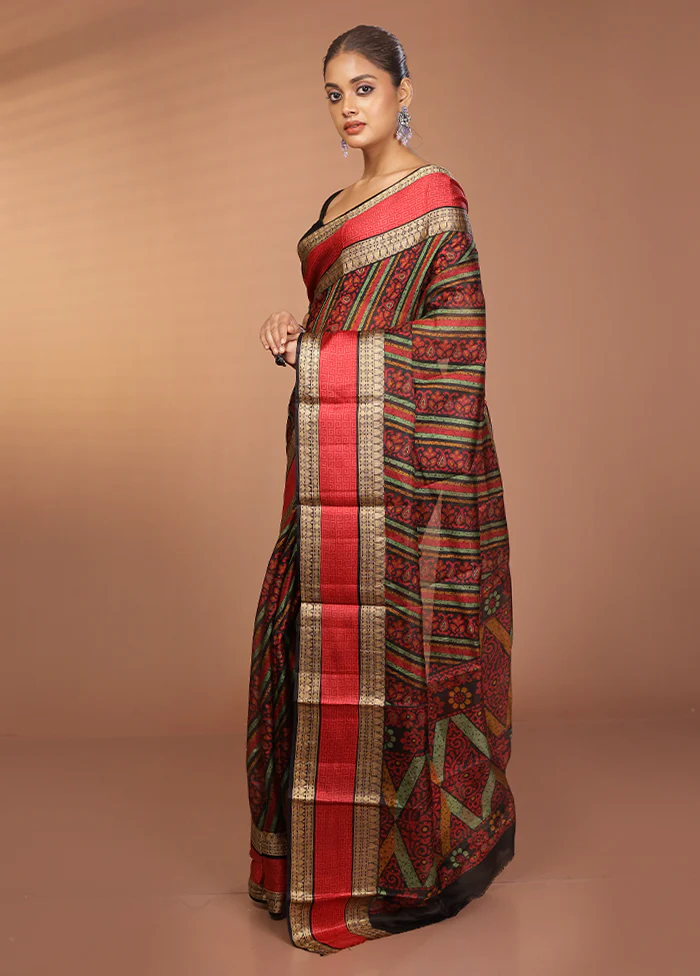 Black Printed Pure Silk Saree Without Blouse Piece - Image 4